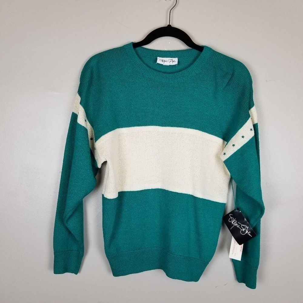 vintage St. John green star knit sweater, size 2, nwt